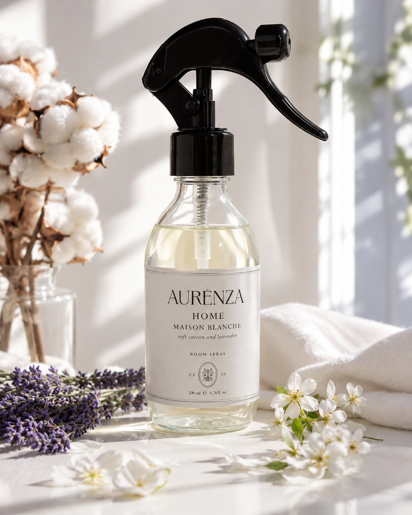 Maison Blanche room and textile mist bottle in warm boutique-hotel daylight